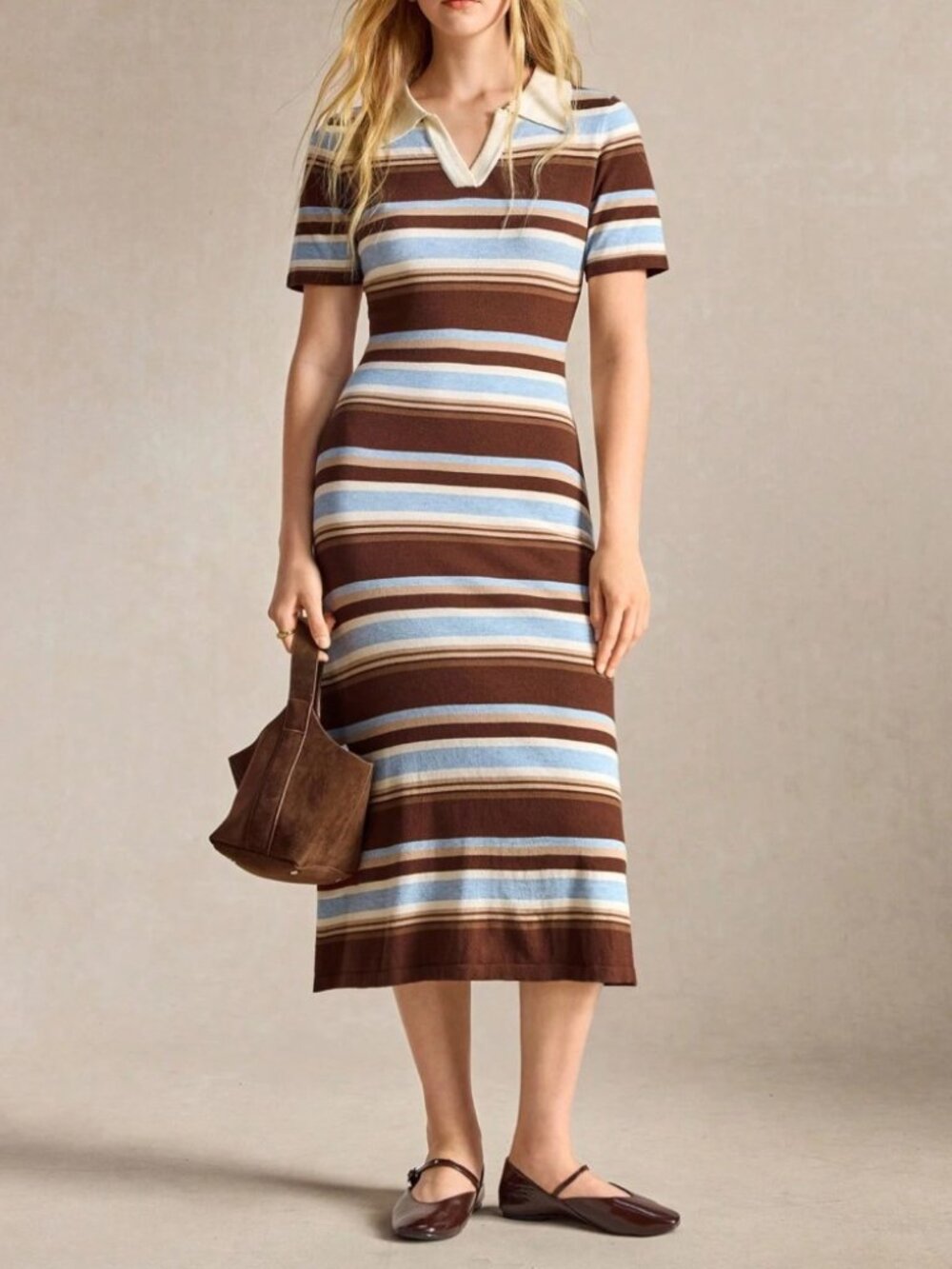 Brown Blue Striped Knit Collared Midi Sweater Dress